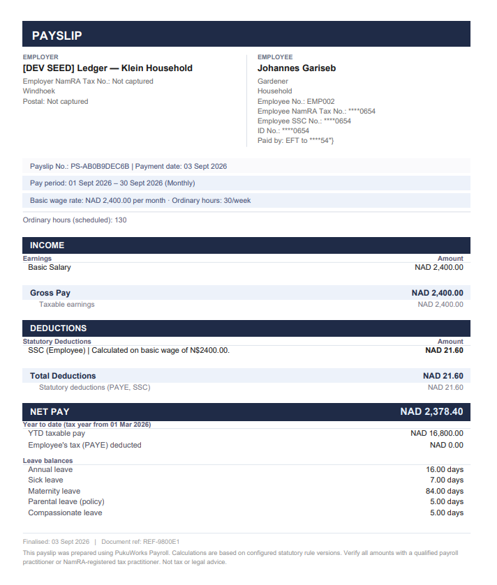 Sample payslip for a household gardener